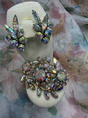 Vintage Sherman Aurora Borealis Crystal Floral Brooch and Clip-On Earrings Set
